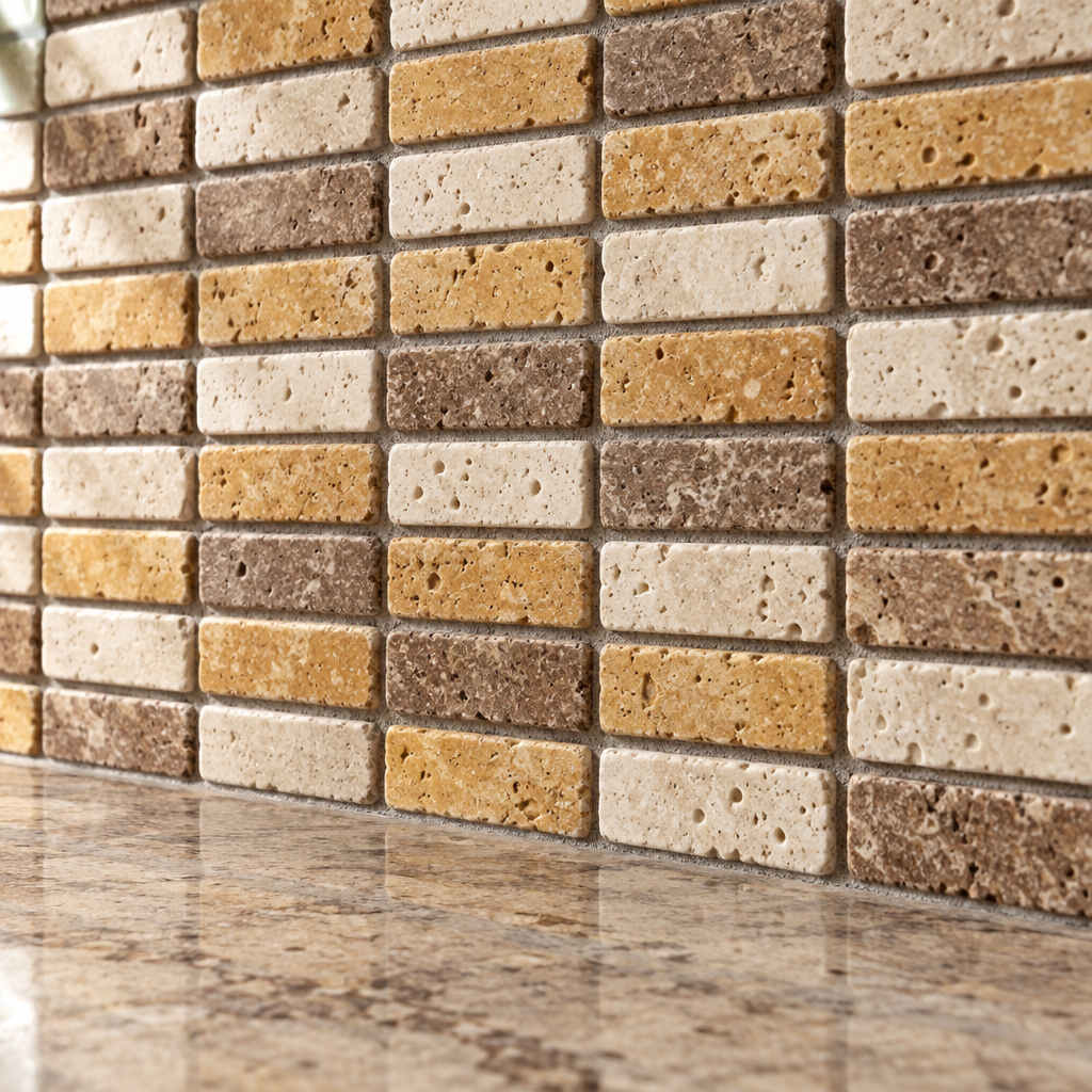 Mixed (Ivory + Noce + Gold) Travertine Mosaic Tile 5/8x2, Tumbled - installed close-up