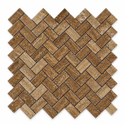 Brown Noce Travertine Herringbone Mosaic Tile 1x2, Brushed & Unfilled & Vein-Cut - white background