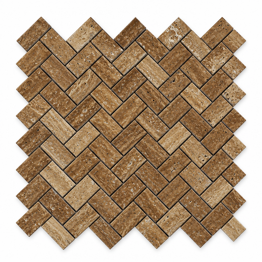 Brown Noce Travertine Herringbone Mosaic Tile 1x2, Brushed & Unfilled & Vein-Cut - white background