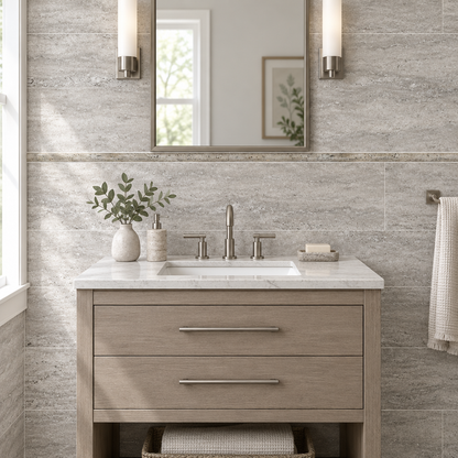 Silver Travertine Pencil Tile Trim 1/2x12, Honed - installed on wall