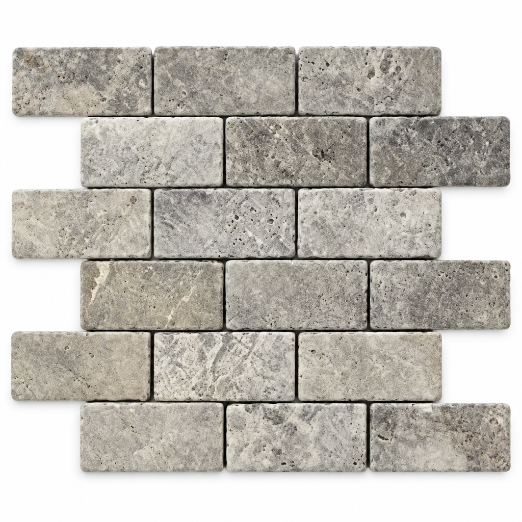 Silver Travertine Brick Mosaic Tile 2x4, Tumbled - white background