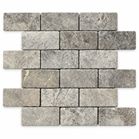 Silver Travertine Brick Mosaic Tile 2x4, Tumbled - white background