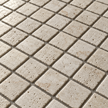 Ivory Travertine Mosaic Tile 1x1, Tumbled - installed close-up
