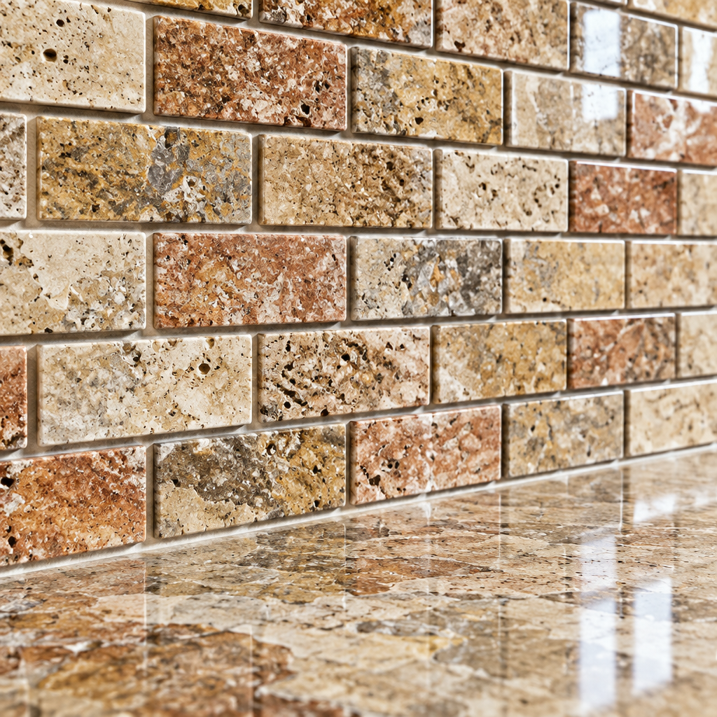 Scabos Travertine Brick Mosaic Tile 1x2, Polished - installed close-up