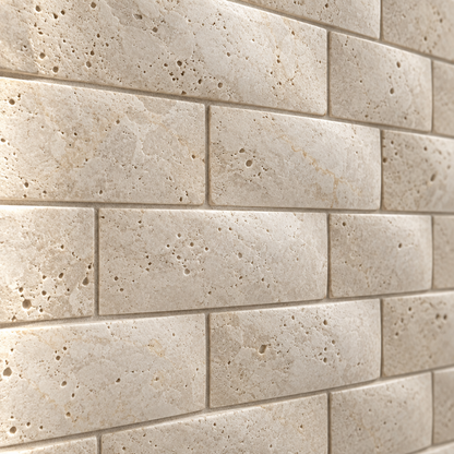 Ivory Travertine Arched Brick Mosaic Tile 2x4, Honed - installed close-up