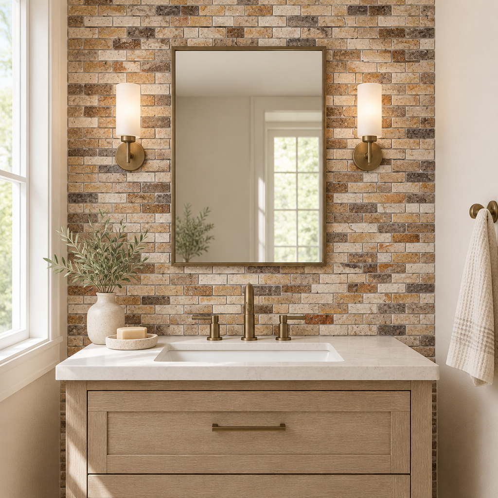 Scabos Travertine Brick Mosaic Tile 1x2, Honed & Unfilled - installed on wall