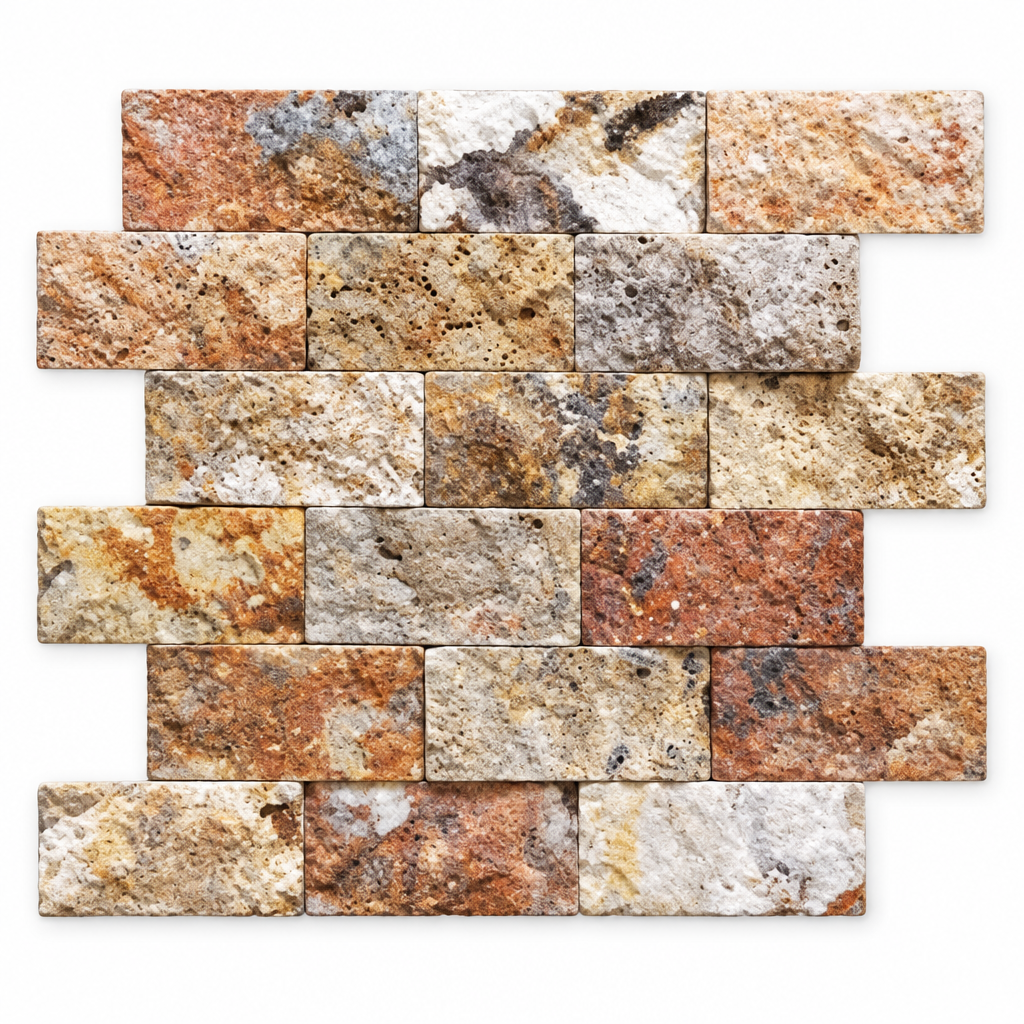 Scabos Travertine Brick Mosaic Tile 2x4, Split Face - white background
