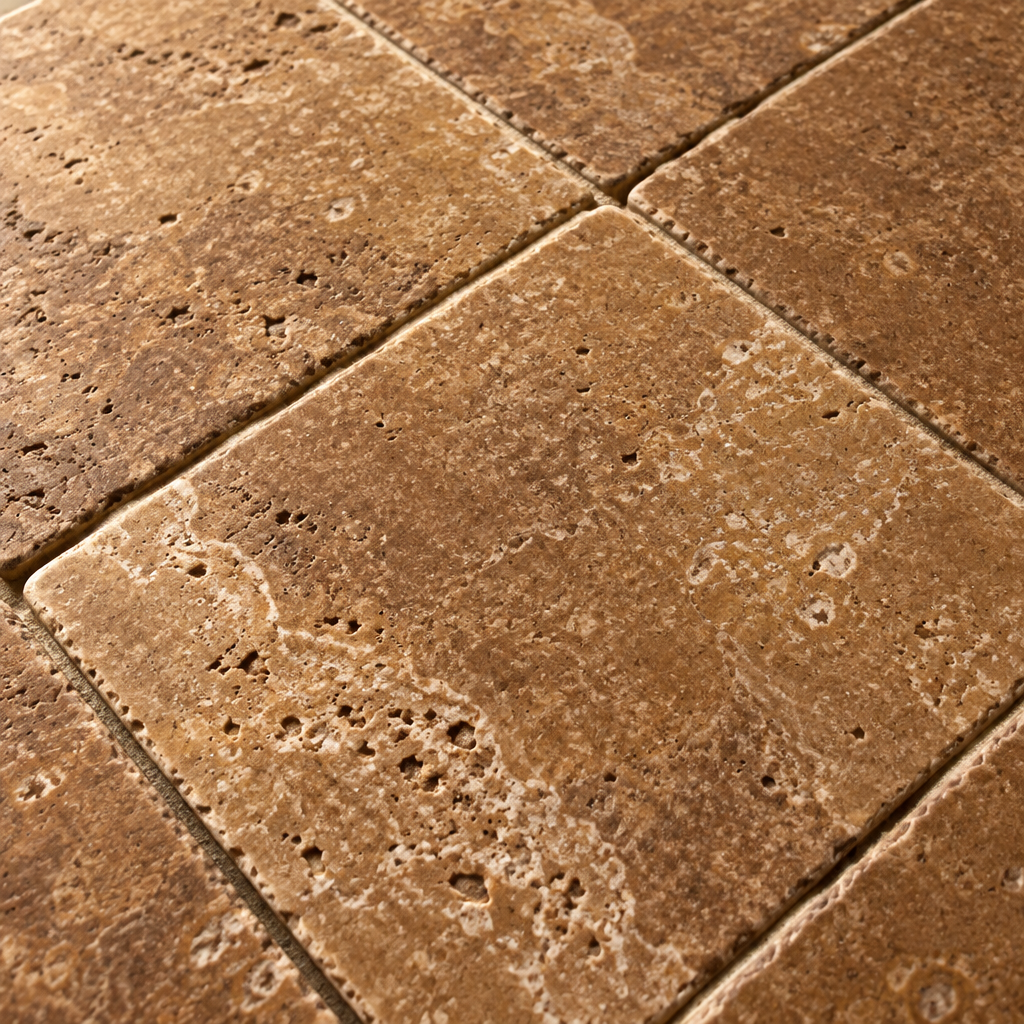 Brown Noce Travertine Tile 12x12, Tumbled - installed close-up