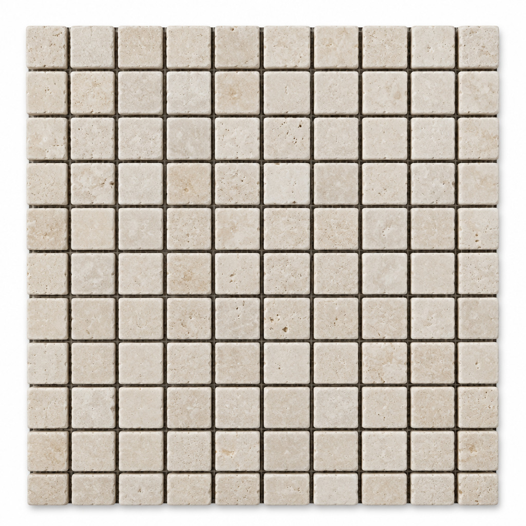Ivory Travertine Mosaic Tile 1x1, Tumbled - white background