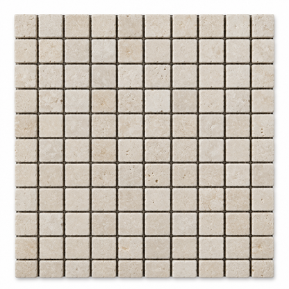 Ivory Travertine Mosaic Tile 1x1, Tumbled - white background