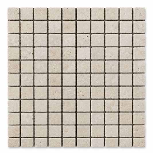Ivory Travertine Mosaic Tile 1x1, Tumbled - white background