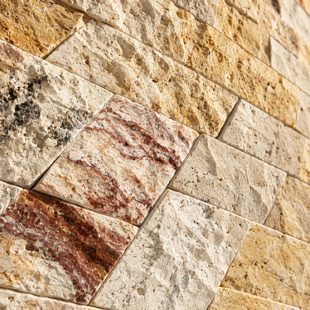 Cream Valencia Travertine Brick Mosaic Tile 2x4, Split Face - installed close-up