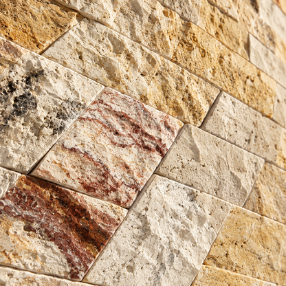 Cream Valencia Travertine Brick Mosaic Tile 2x4, Split Face - installed close-up