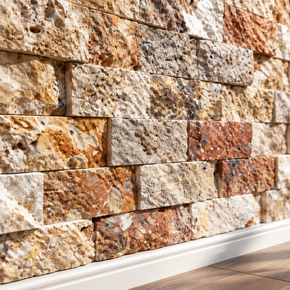 Scabos Travertine Brick Mosaic Tile 2x4, Split Face - installed close-up
