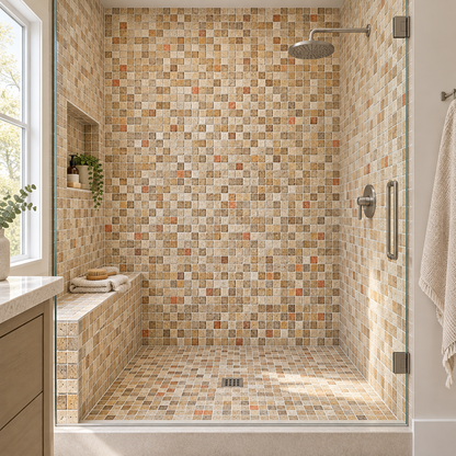 Scabos Travertine Mosaic Tile 1x1, Tumbled - installed on shower