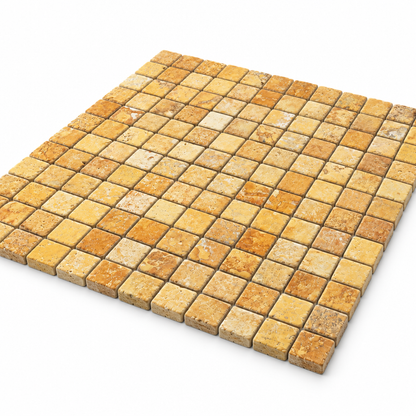 Gold Travertine Mosaic Tile 1x1, Tumbled - 45 degree view showing thickness