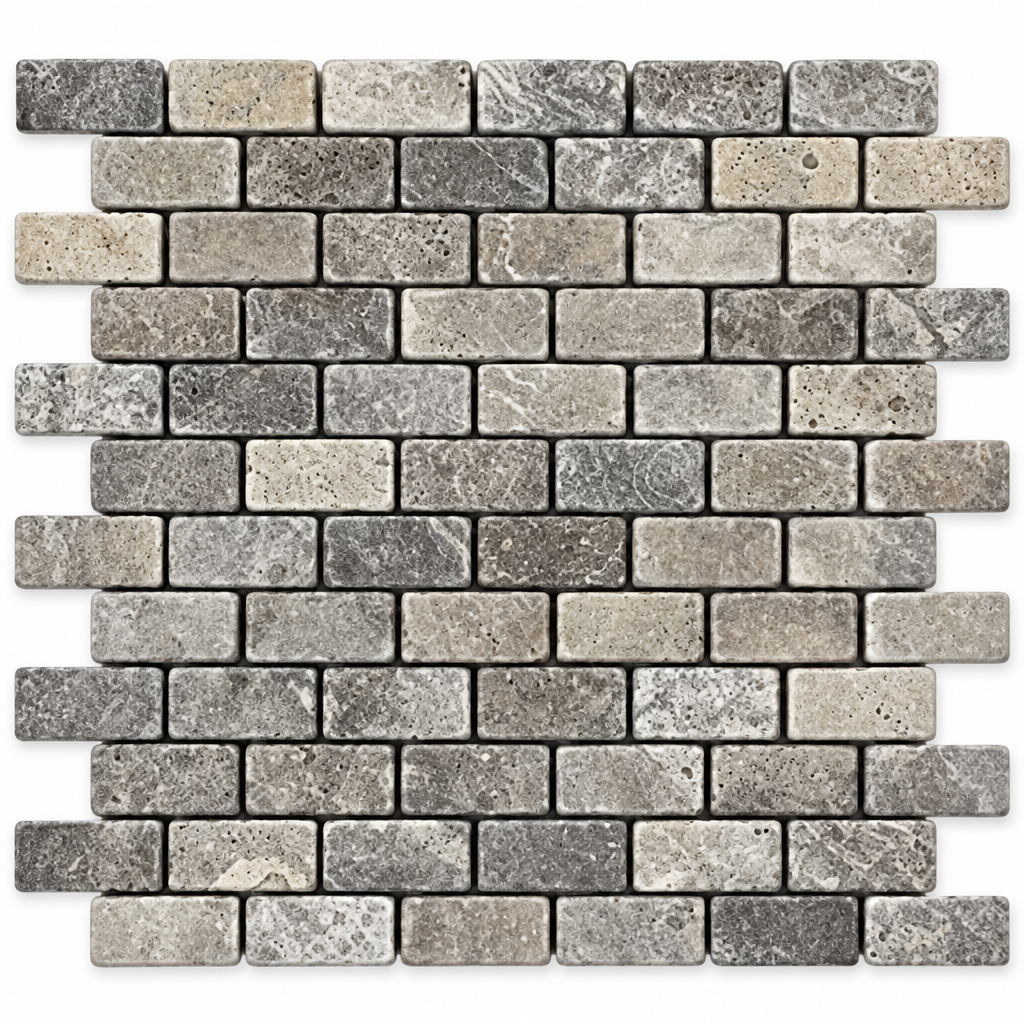 Silver Travertine Brick Mosaic Tile 1x2, Tumbled - white background