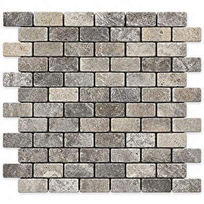 Silver Travertine Brick Mosaic Tile 1x2, Tumbled - white background