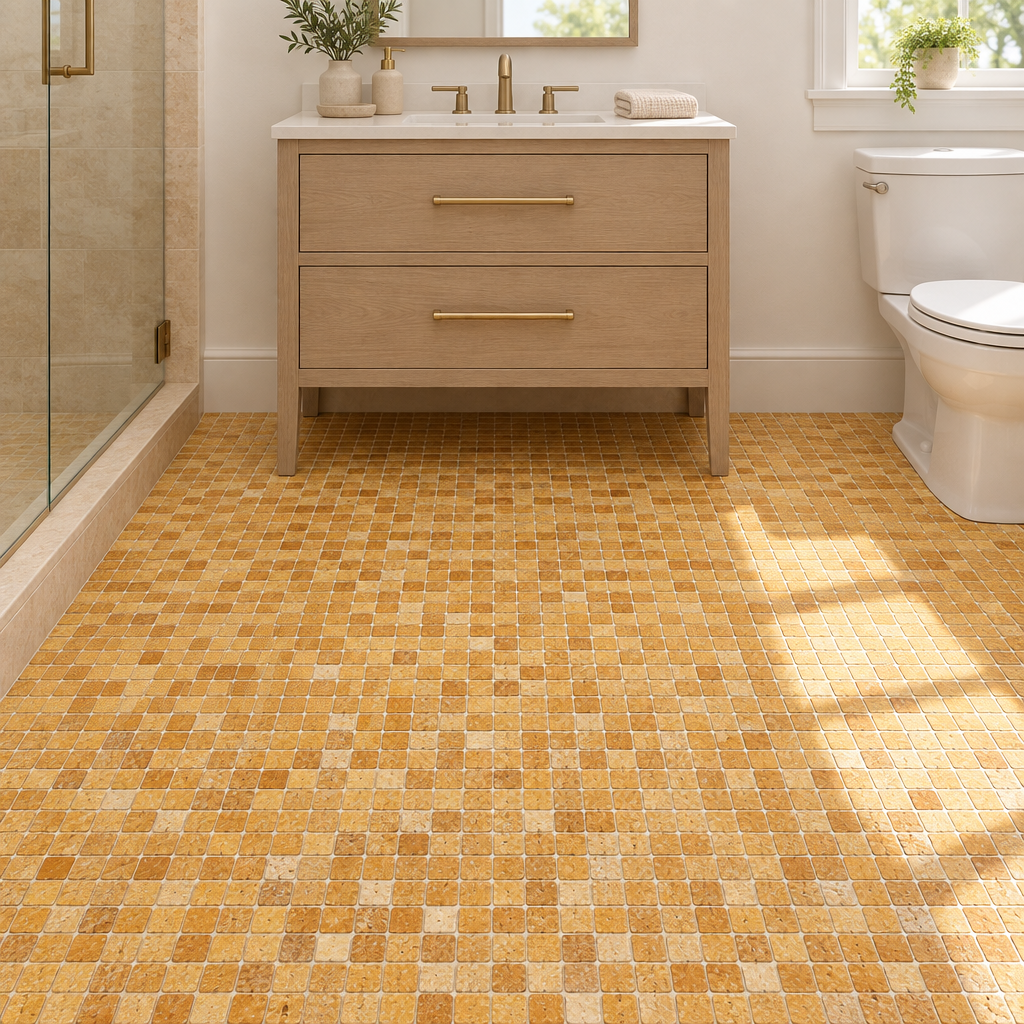 Gold Travertine Mosaic Tile 1x1, Tumbled - installed on floor