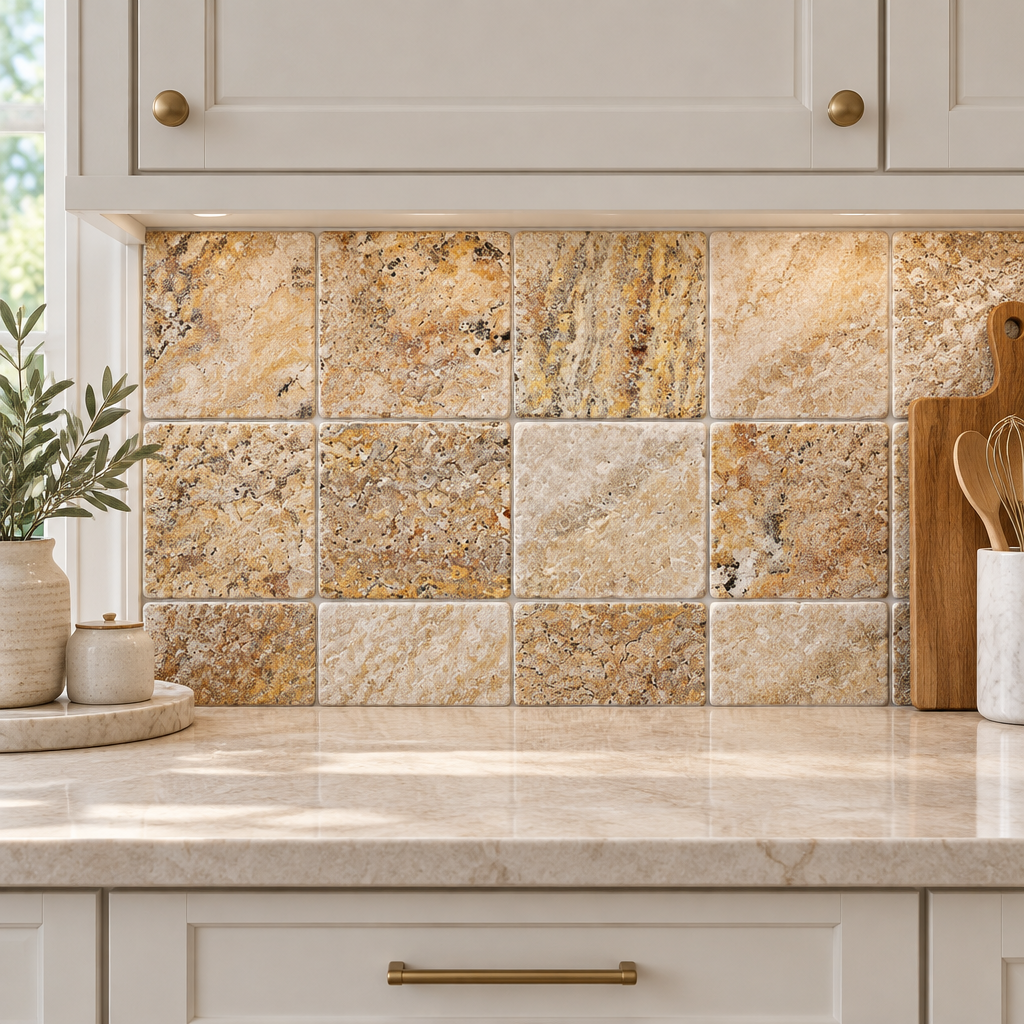 Scabos Travertine Tile 6x6, Tumbled - installed on wall