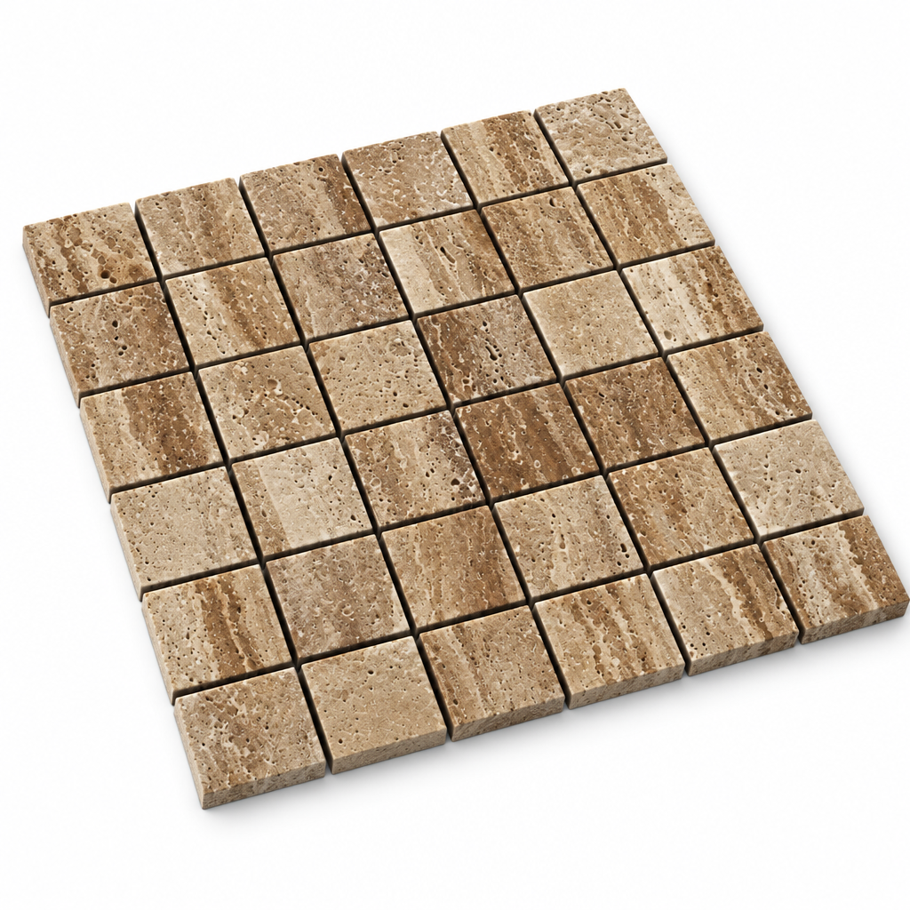 Brown Noce Travertine Mosaic Tile 2x2, Brushed & Unfilled & Vein-Cut - 45 degree view showing thickness