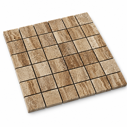 Brown Noce Travertine Mosaic Tile 2x2, Brushed & Unfilled & Vein-Cut - 45 degree view showing thickness