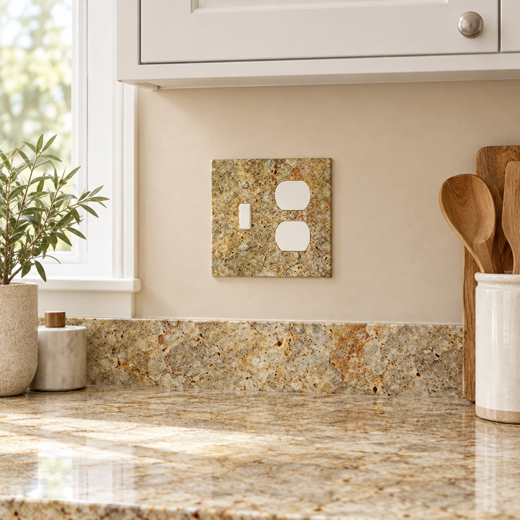 Scabos Travertine Combination Switch Plate - installed on wall