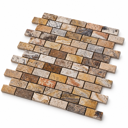 Scabos Travertine Brick Mosaic Tile 1x2, Honed & Unfilled - 45 degree view showing thickness