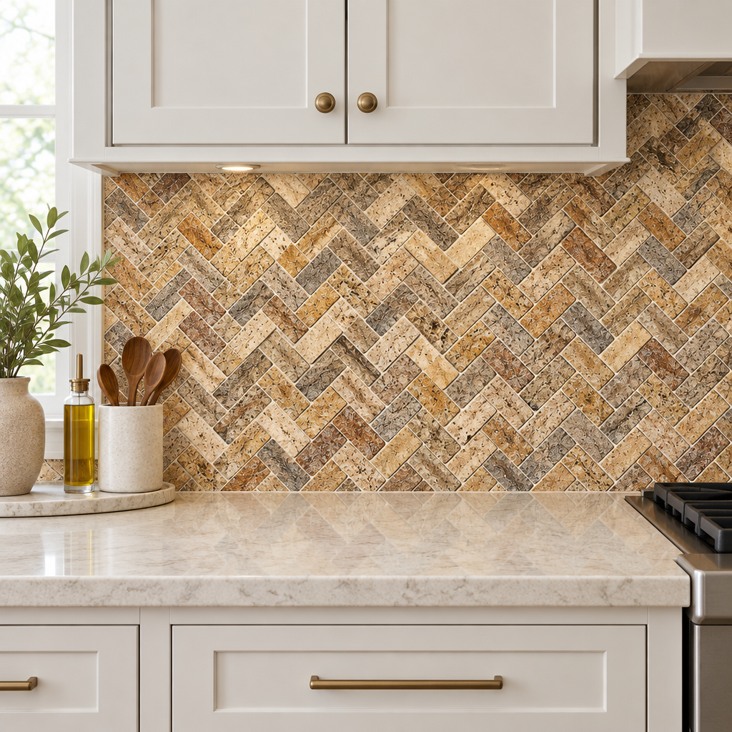 Scabos Travertine Herringbone Mosaic Tile 1x2, Tumbled - installed on wall