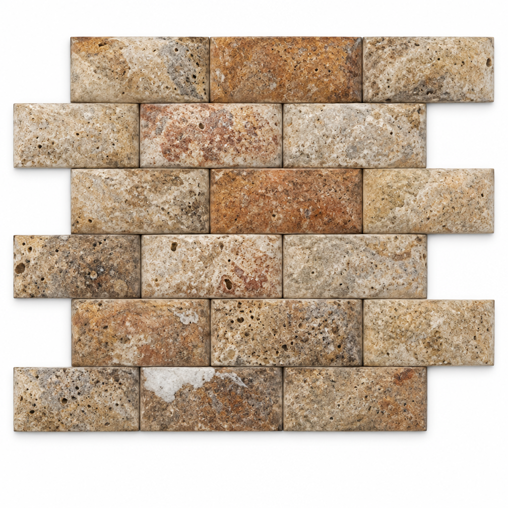 Scabos Travertine Arched Brick Mosaic Tile 2x4, Honed - white background