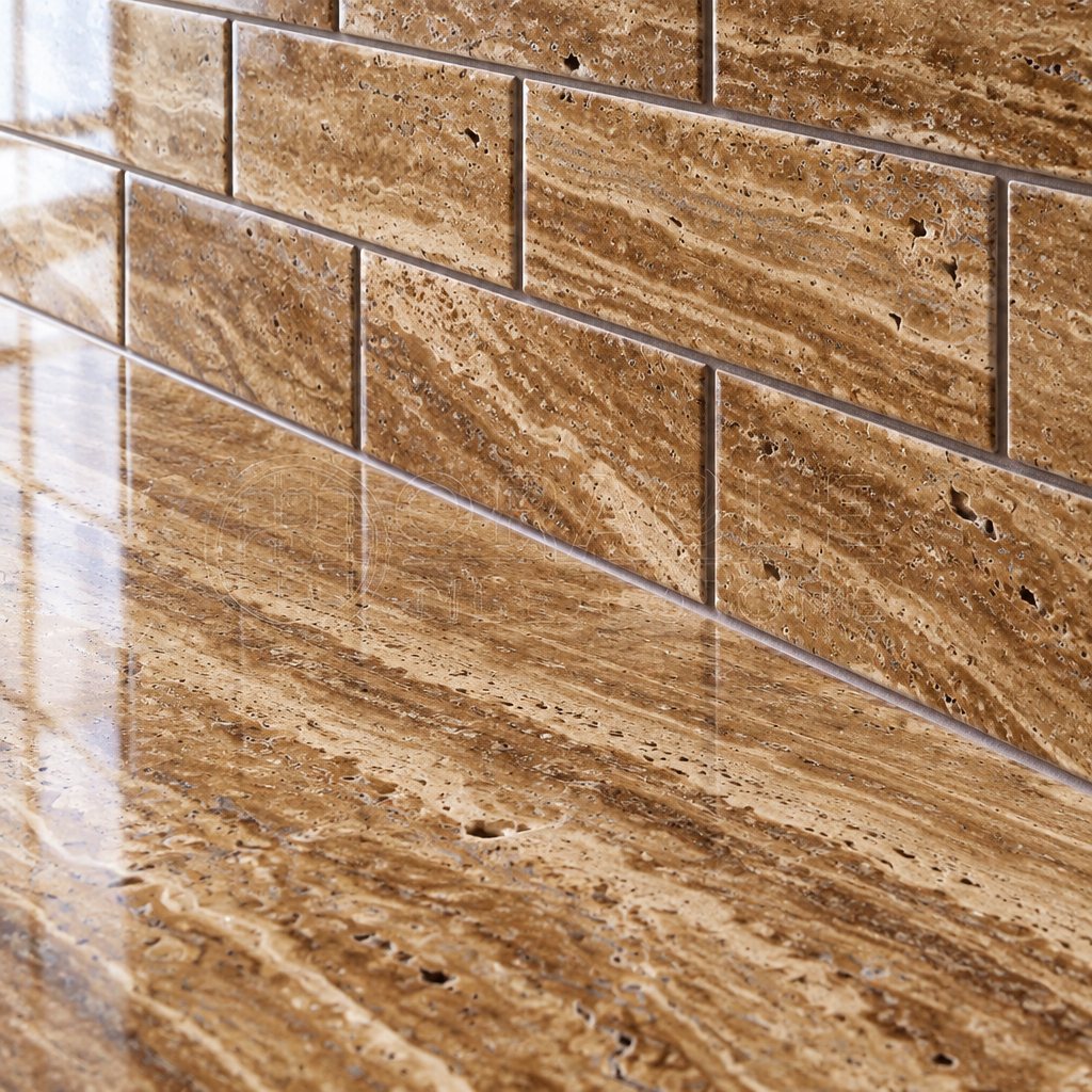 Brown Noce Travertine Brick Mosaic Tile 2x4, Polished & Vein-Cut - installed close-up
