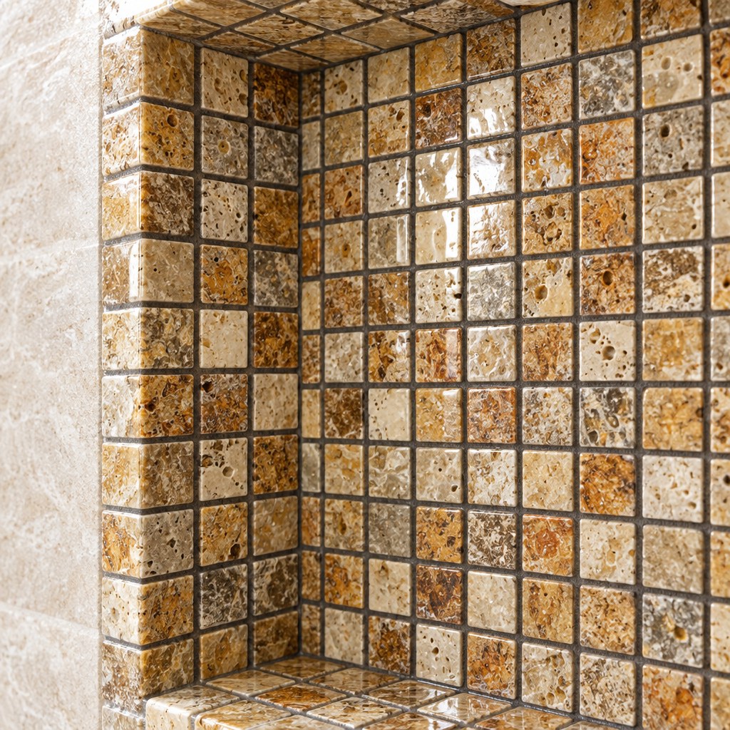 Scabos Travertine Mosaic Tile 5/8x5/8, Polished - installed close-up