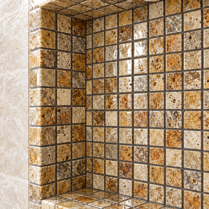 Scabos Travertine Mosaic Tile 5/8x5/8, Polished - installed close-up
