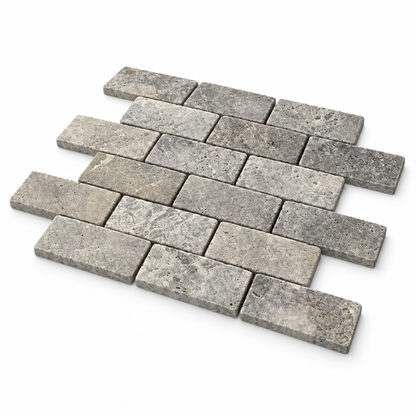 Silver Travertine Brick Mosaic Tile 2x4, Tumbled - 45 degree view showing thickness