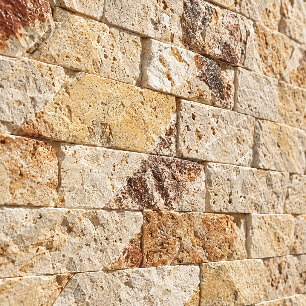 Cream Valencia Travertine Brick Mosaic Tile 1x2, Split Face - installed close-up