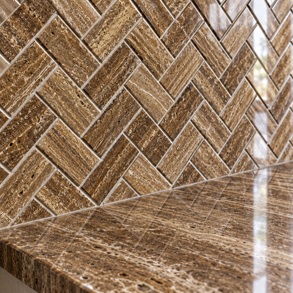 Brown Noce Travertine Herringbone Mosaic Tile 1x2, Polished & Vein-Cut - installed close-up