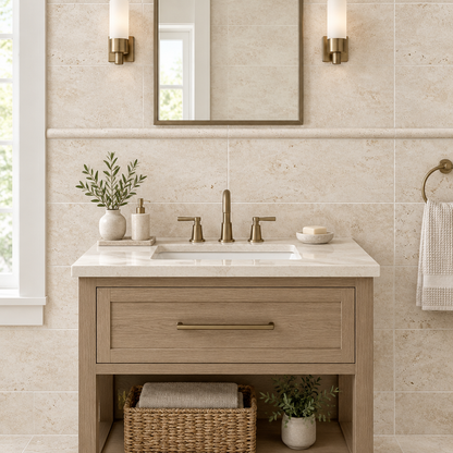 Ivory Travertine Pencil Tile Trim 3/4x12, Honed - installed on wall