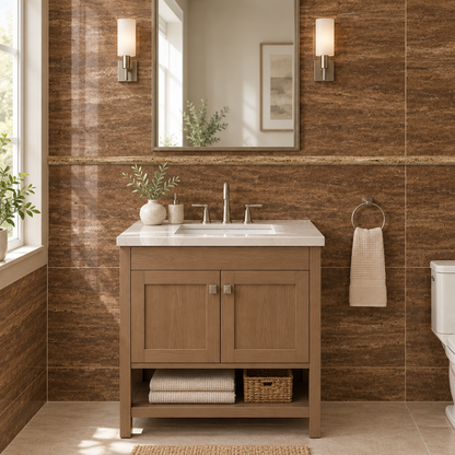 Brown Noce Travertine Pencil Tile Trim 3/4x12, Polished & Vein-Cut - installed on wall