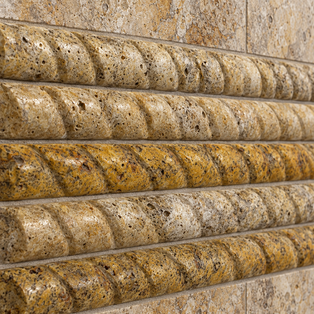 Scabos Travertine Rope Tile Trim 1x12, Honed - installed close-up