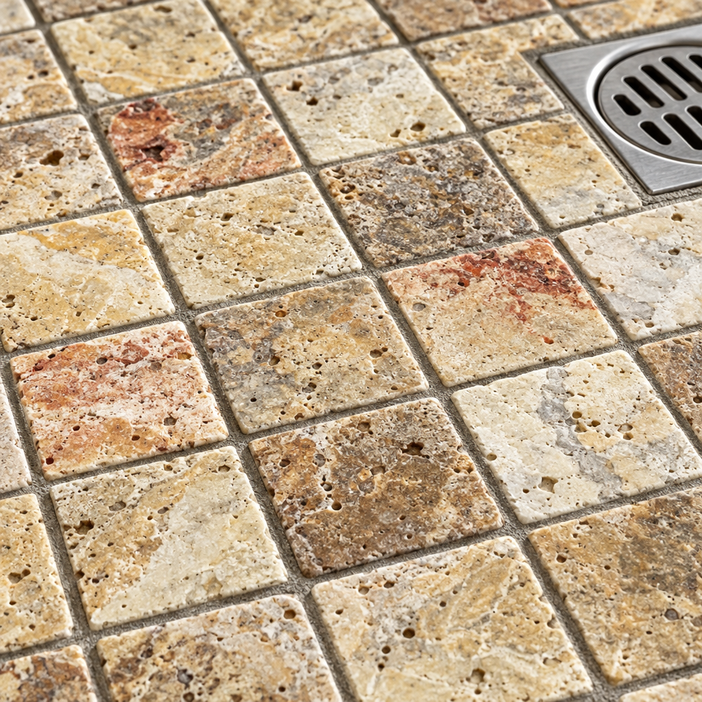 Scabos Travertine Mosaic Tile 2x2, Tumbled - installed close-up