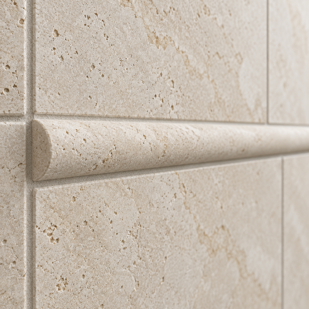 Ivory Travertine Pencil Tile Trim 3/4x12, Honed - installed close-up