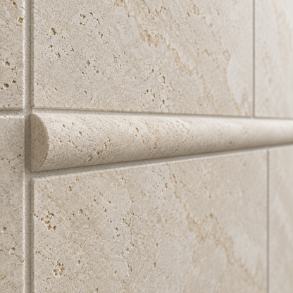 Ivory Travertine Pencil Tile Trim 3/4x12, Honed - installed close-up