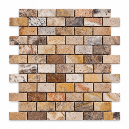 Scabos Travertine Brick Mosaic Tile 1x2, Honed & Unfilled - white background