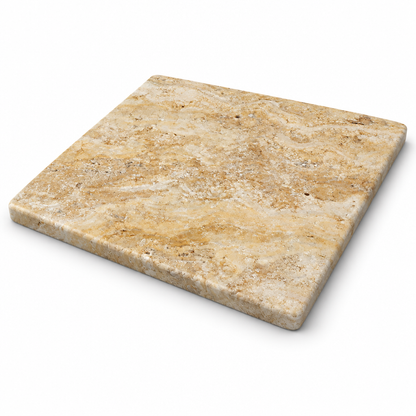 Cream Valencia Travertine Tile 4x4, Tumbled - 45 degree view showing thickness