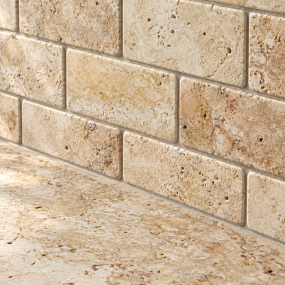 Cream Valencia Travertine Brick Mosaic Tile 2x4, Tumbled - installed close-up