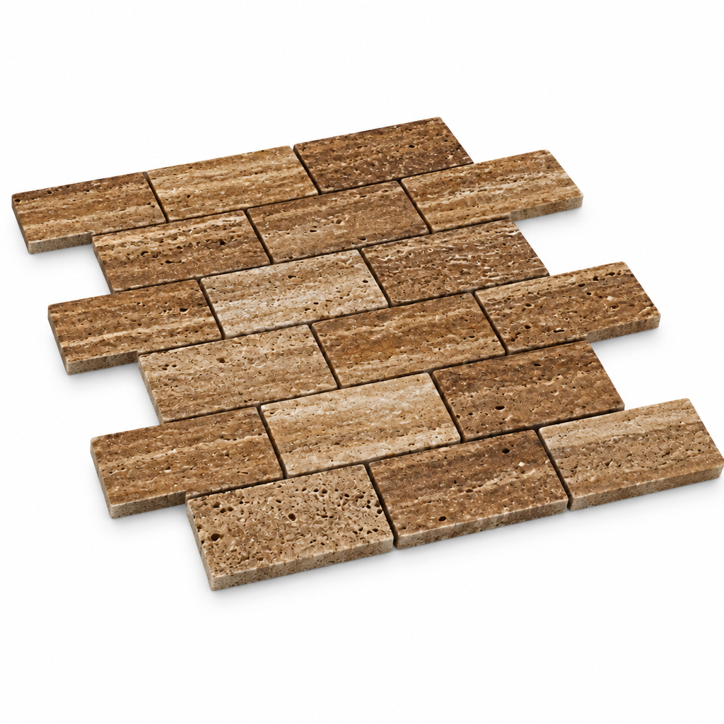 Brown Noce Travertine Brick Mosaic Tile 2x4, Brushed & Unfilled & Vein-Cut - 45 degree view showing thickness