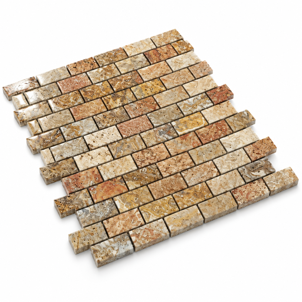 Scabos Travertine Brick Mosaic Tile 1x2, Polished - 45 degree view showing thickness