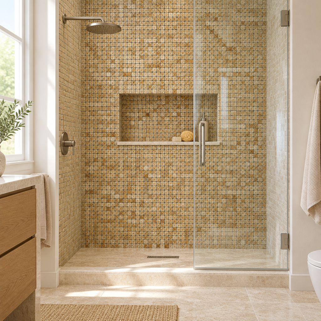 Scabos Travertine Mosaic Tile 5/8x5/8, Polished - installed on shower