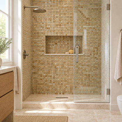 Scabos Travertine Mosaic Tile 5/8x5/8, Polished - installed on shower