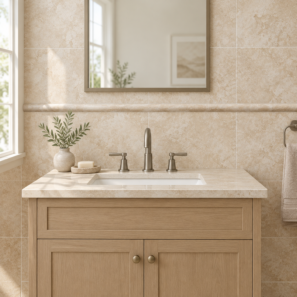 Beige Durango Travertine Dome Tile Trim 1x12, Honed - installed on wall